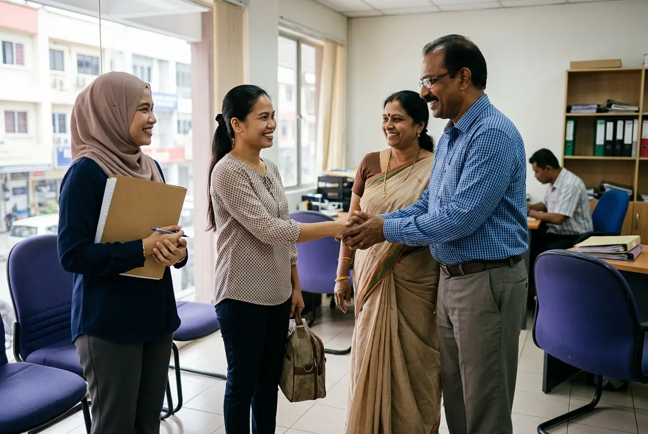 A family greets their newly arrived helper with a handshake at the agency office, with a consultant beside them