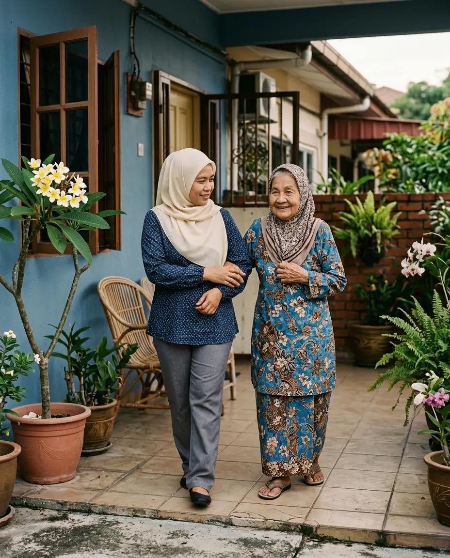 A caregiver in a cream tudung walks arm in arm with an elderly grandmother on the porch