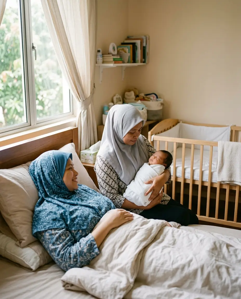 A nanny in a grey tudung holds a sleeping newborn while the mother rests nearby