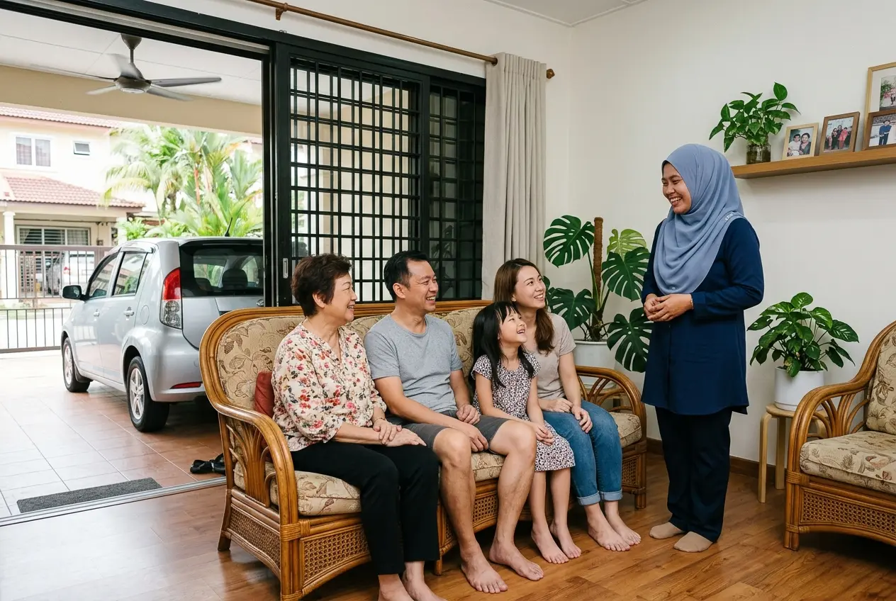 A Cheras family on their rattan sofa chatting with their helper, who stands beside them smiling