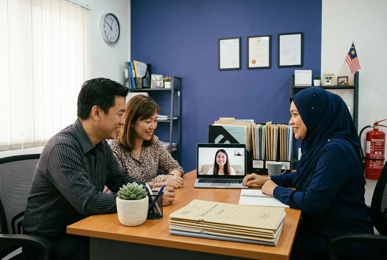 A couple and an Amanah Care consultant interview a candidate on a video call in the Cheras office