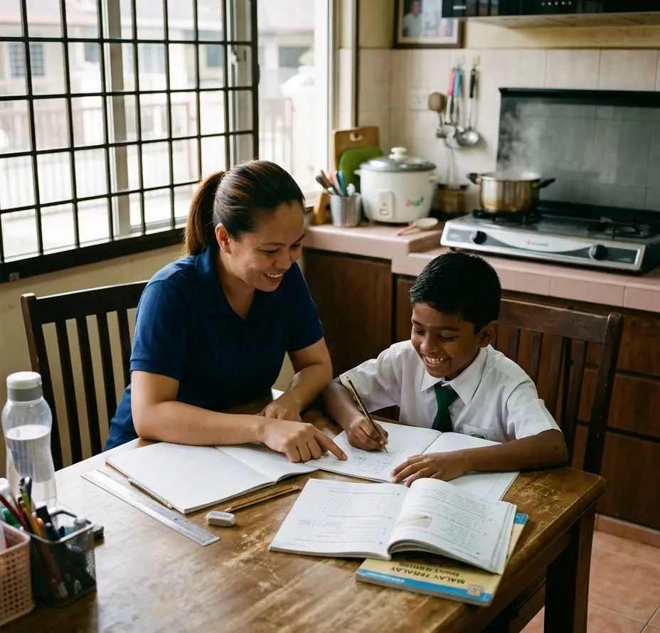 A domestic helper sits at the dining table helping a young boy with his homework